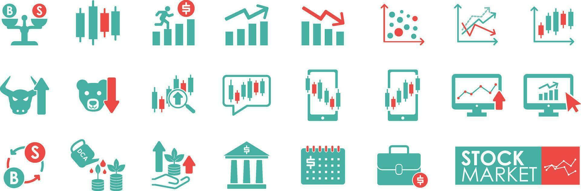 Set of Stock Market. Contains such Icons as Gainers, Losers, Bear, Bull, Currency Exchange, and more. Solid icon set. Vector illustration