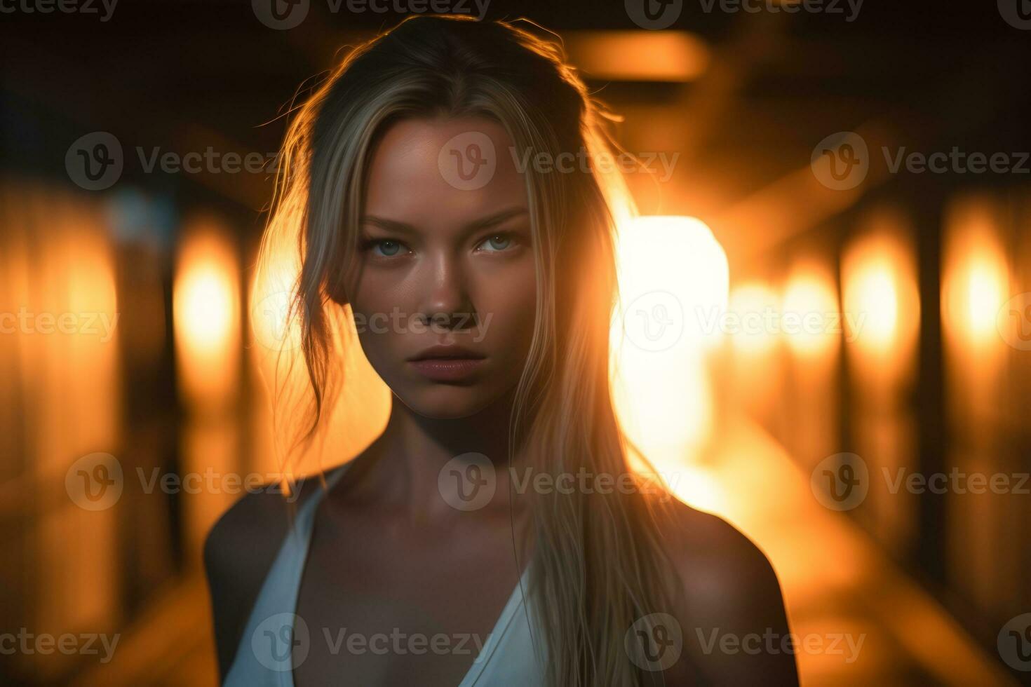 a beautiful blonde woman in a white tank top standing in a dark tunnel generative AI photo