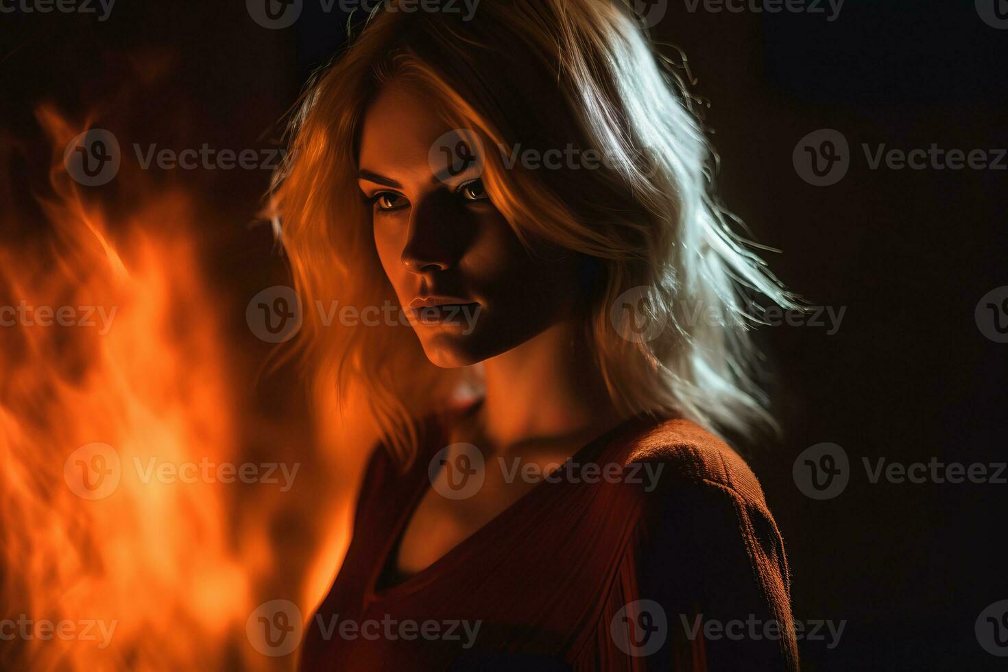a beautiful blonde woman in front of a fire generative AI photo
