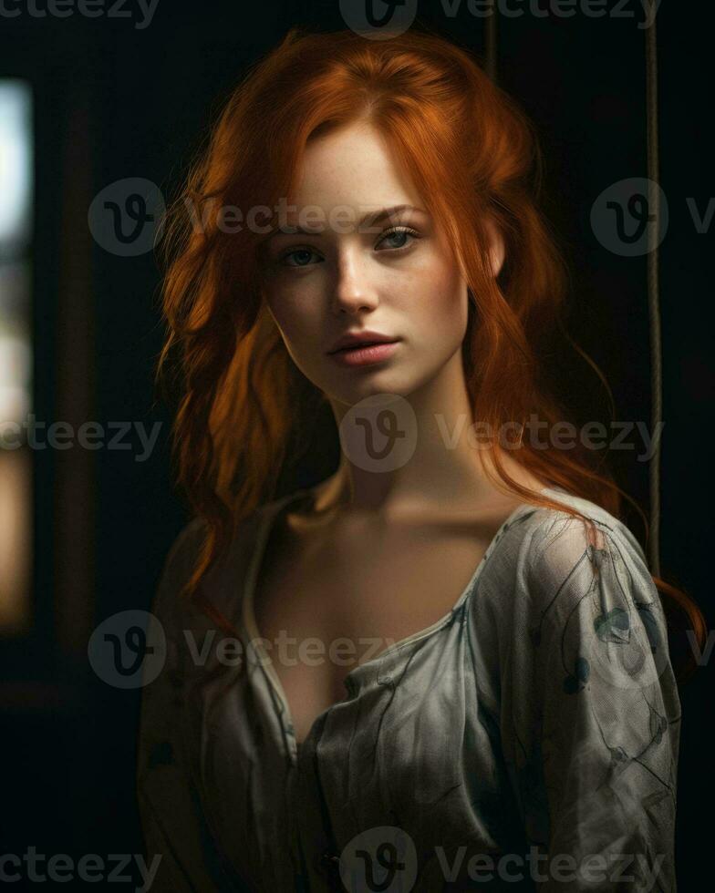 a beautiful red haired woman with long hair generative AI photo