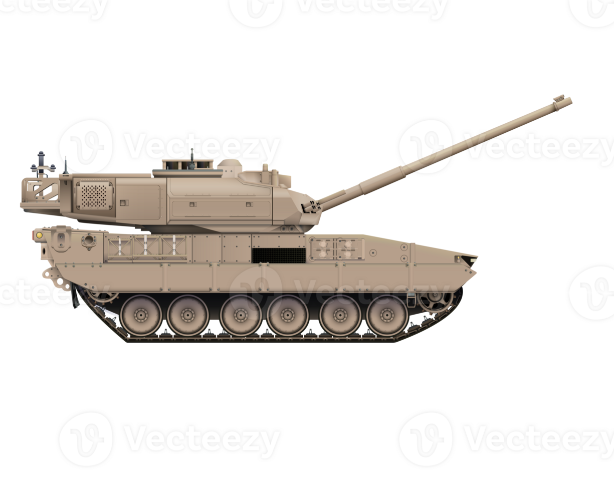 Main battle tank in realistic style. Hight barrel. Armored fighting military vehicle. Detailed colorful PNG illustration.