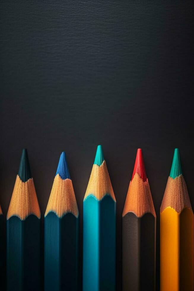 Vibrant Array of Colorful Colored Pencils with Chalkboard Backdrop, Illustrating School and Back-to-School Concept - AI generated photo