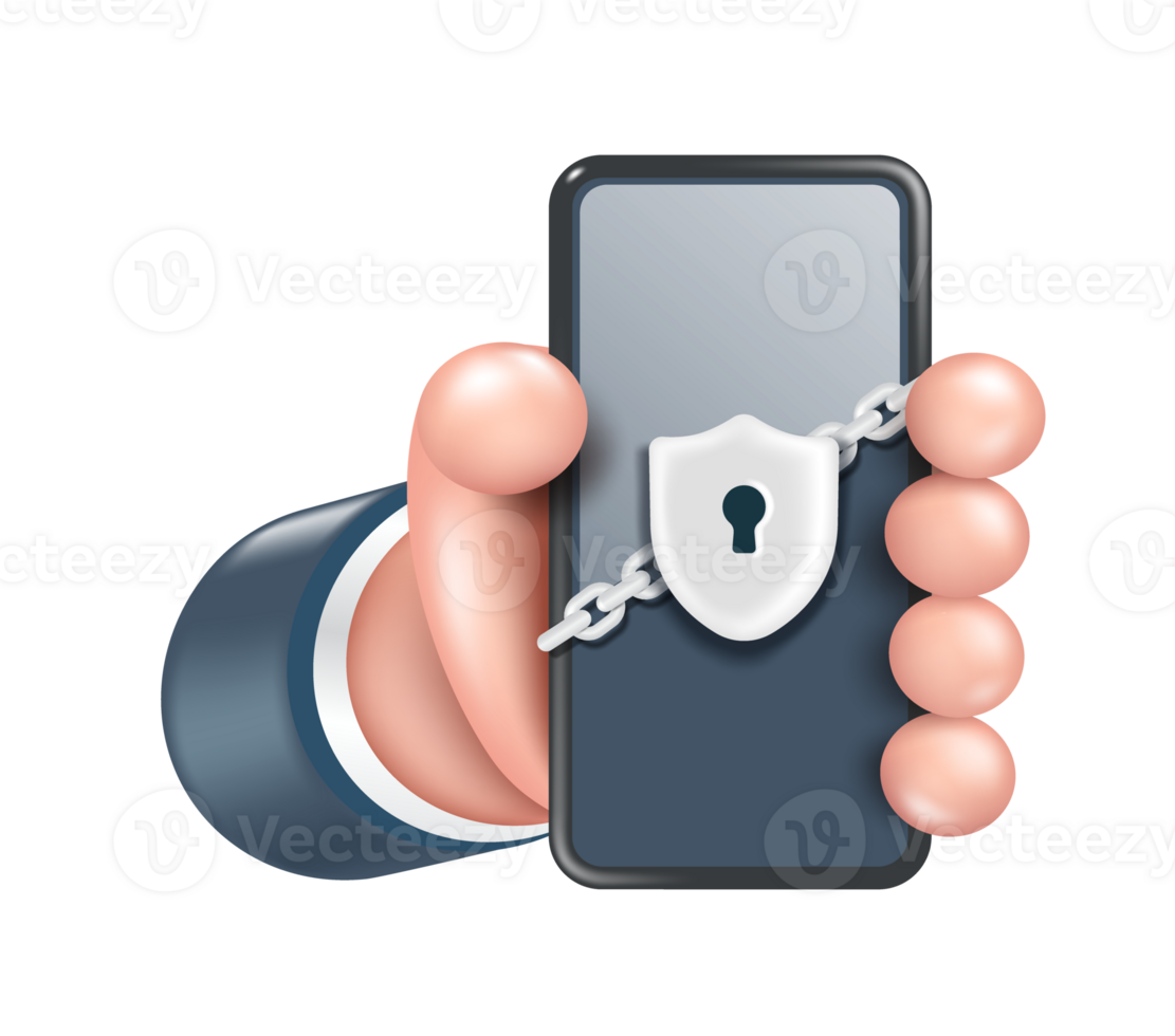 Hand holding smartphone with protective shield with keyhole and has metal chain attached to smartphone ,PNG 3d on transparent background png
