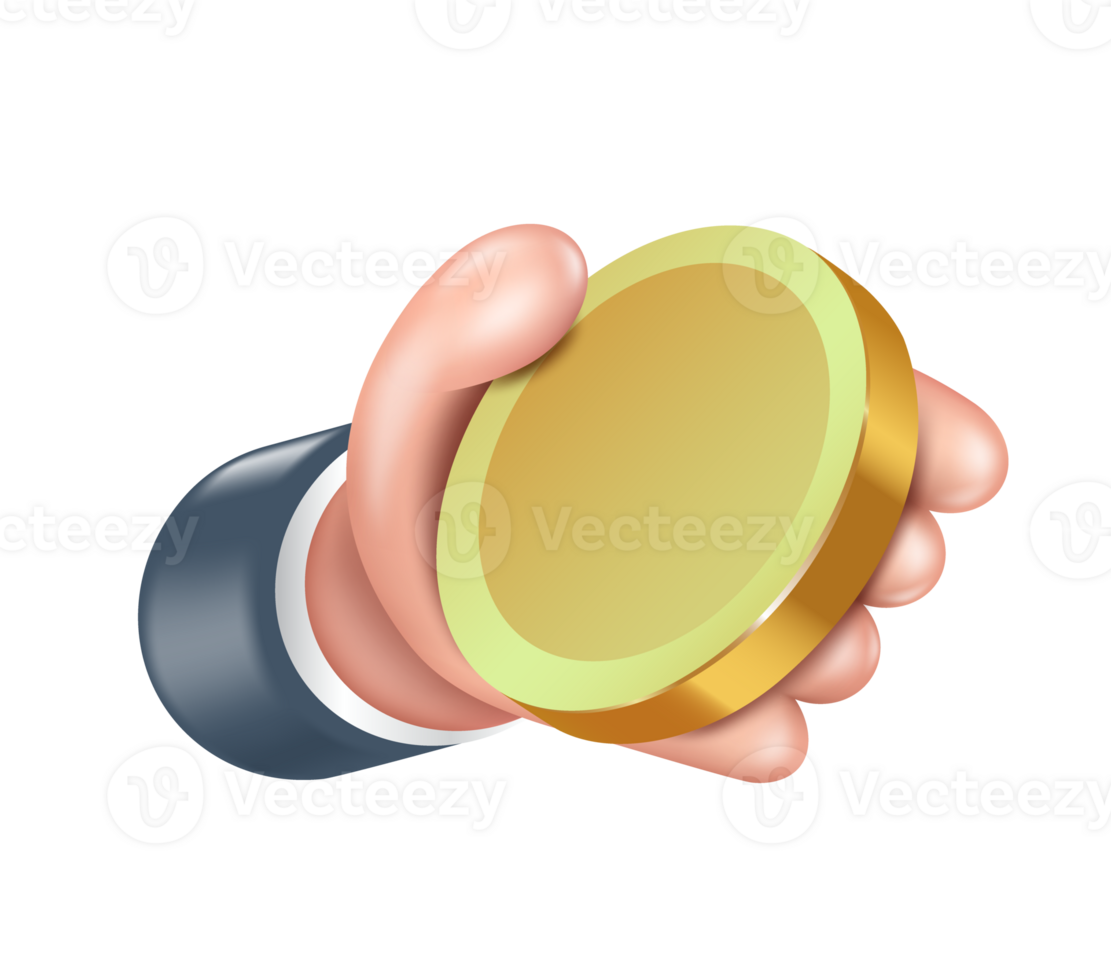 Hand holding a gold coin or one dollar coin, PNG 3d on transparent background for financial design