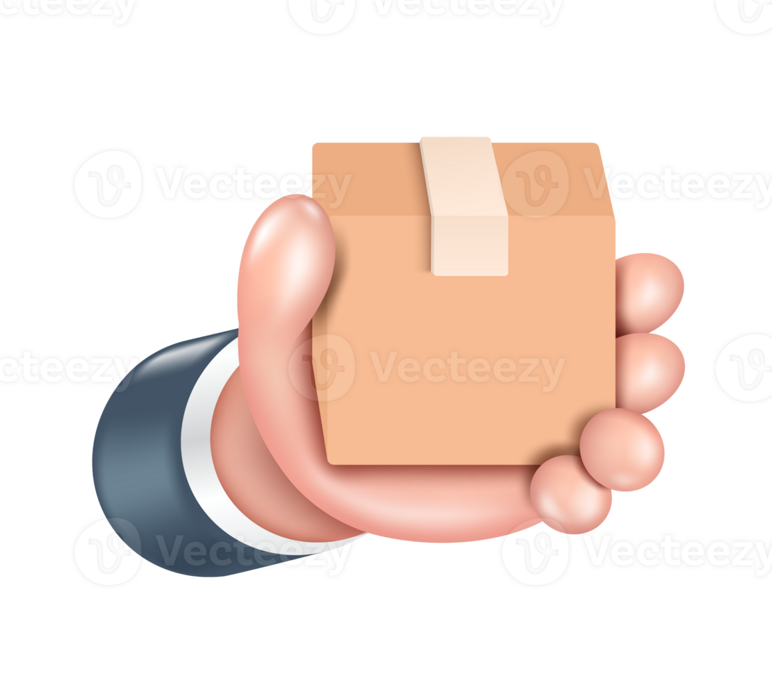 Hand holding a brown parcel box or cardboard box ,PNG 3d on transparent background for delivery and online shopping design png