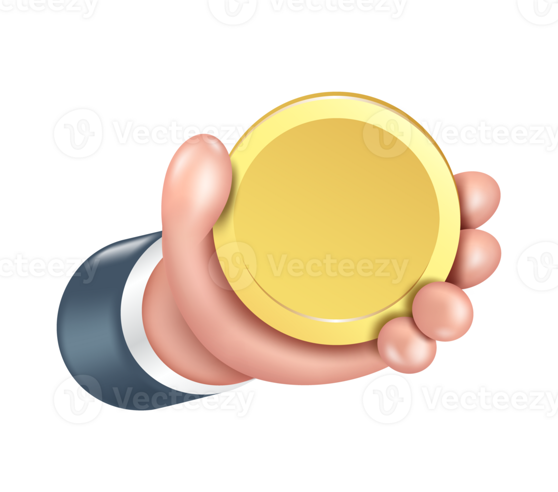 Hand holding a gold coin or one dollar coin, PNG 3d on transparent background for financial design