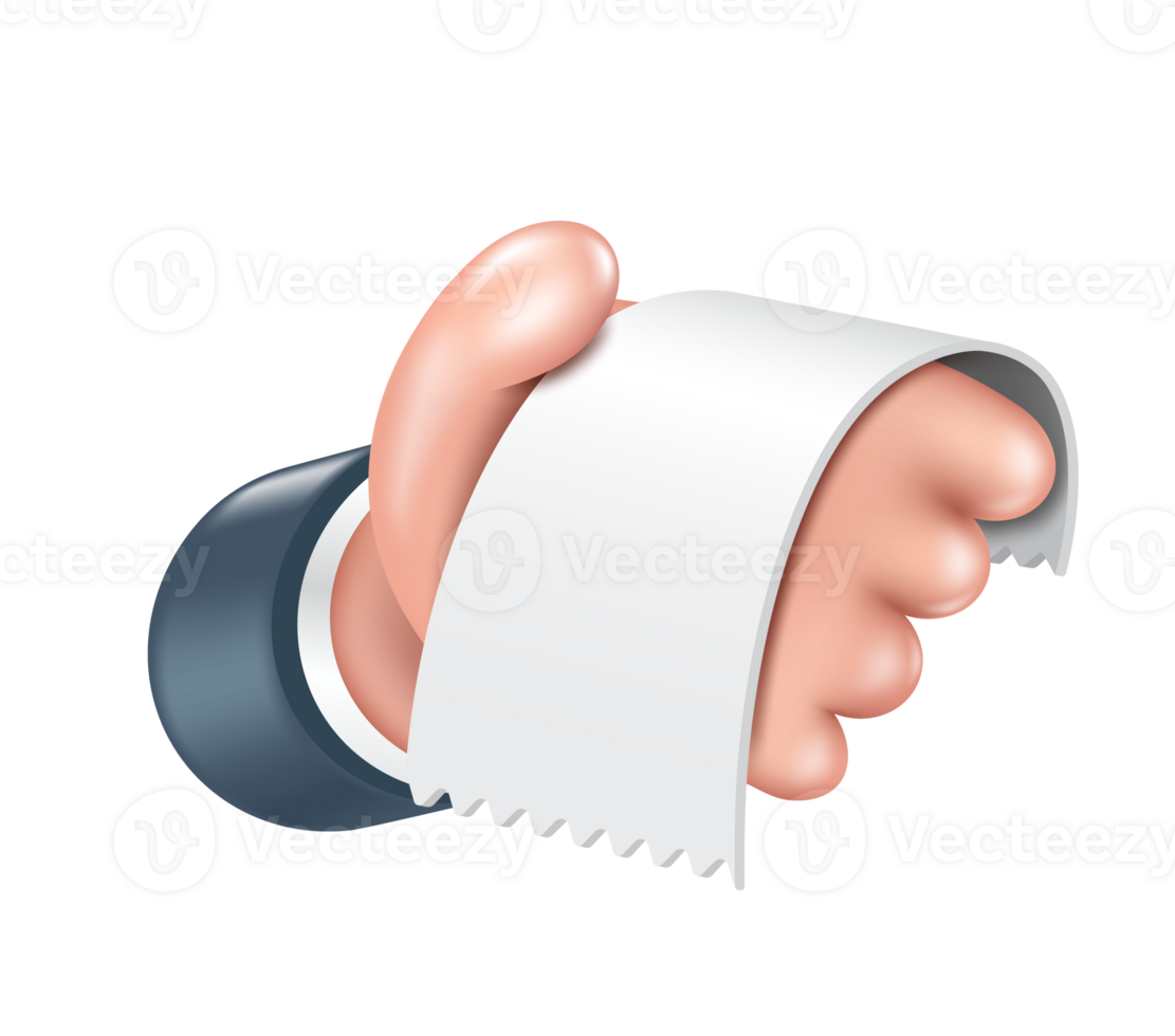Cashier's left hand is handing you a paper receipt or tax invoice, PNG 3d on transparent background