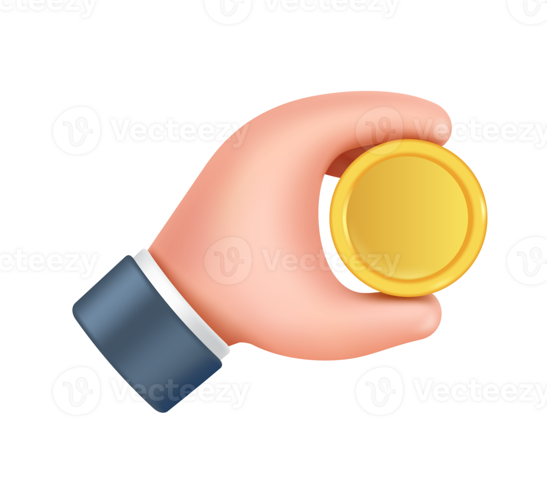 Hand holding a gold coin or one dollar coin, PNG 3d on transparent background for financial design