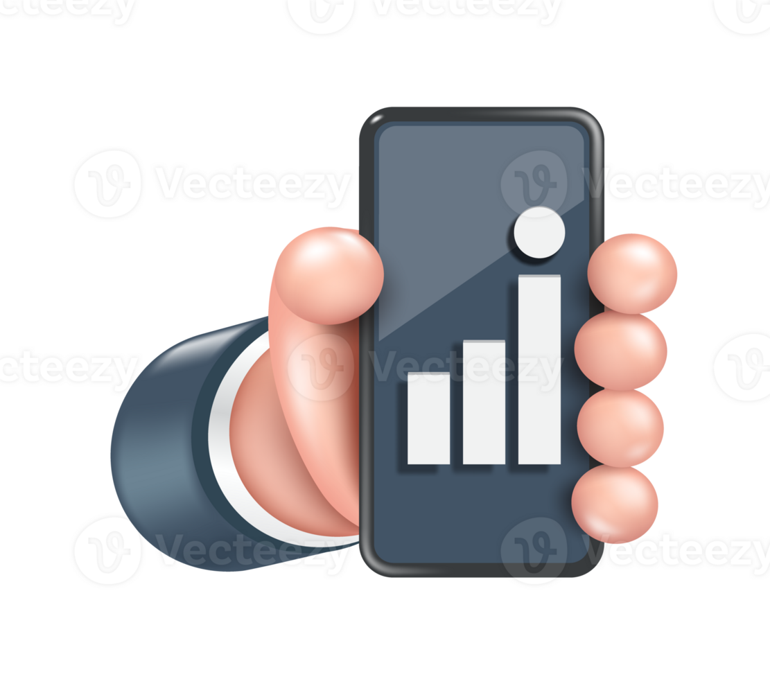 Left hand of a businessman in a dark suit is holding smartphone with stock chart rising on screen ,PNG 3d on transparent background png