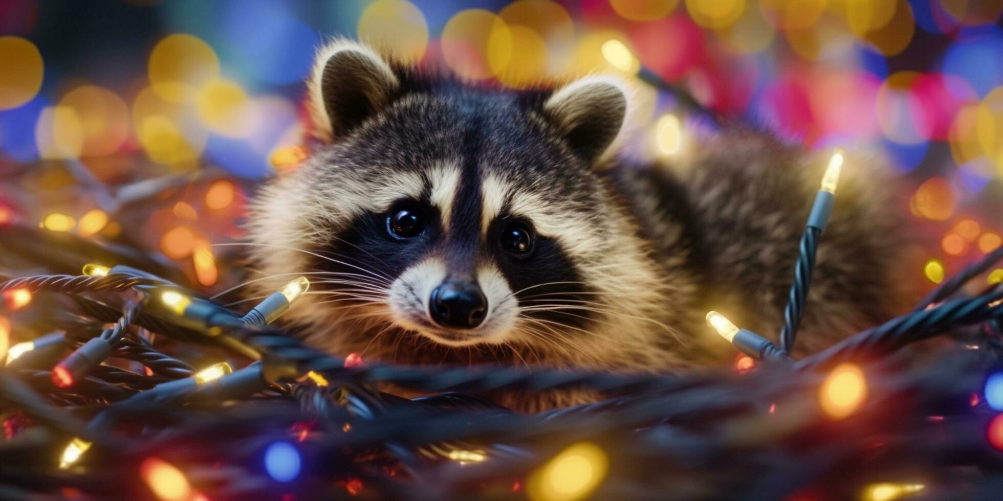 Cheerful Raccoon Surrounded by Colorful String Lights and Sparkling Delight AI generated photo