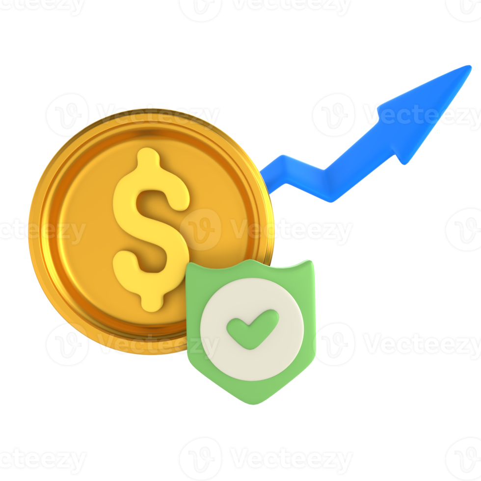 Stack profit with coin arrow and badge, financial technology 3D Icon render png