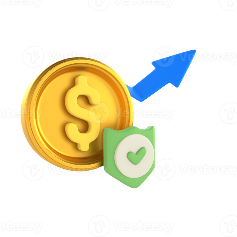 Stack profit with coin arrow and badge, financial technology 3D Icon render png
