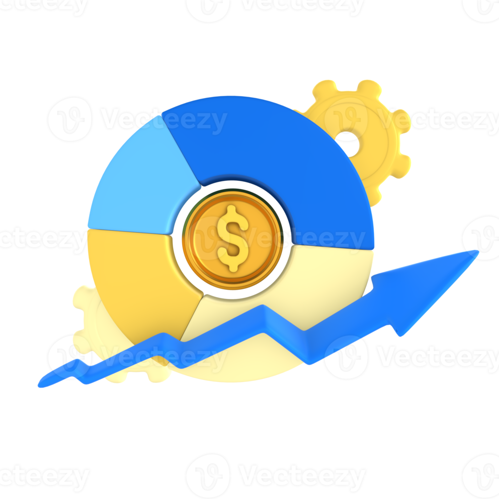 inversión con moneda, flecha, y engranaje. financiero tecnología 3d icono hacer png