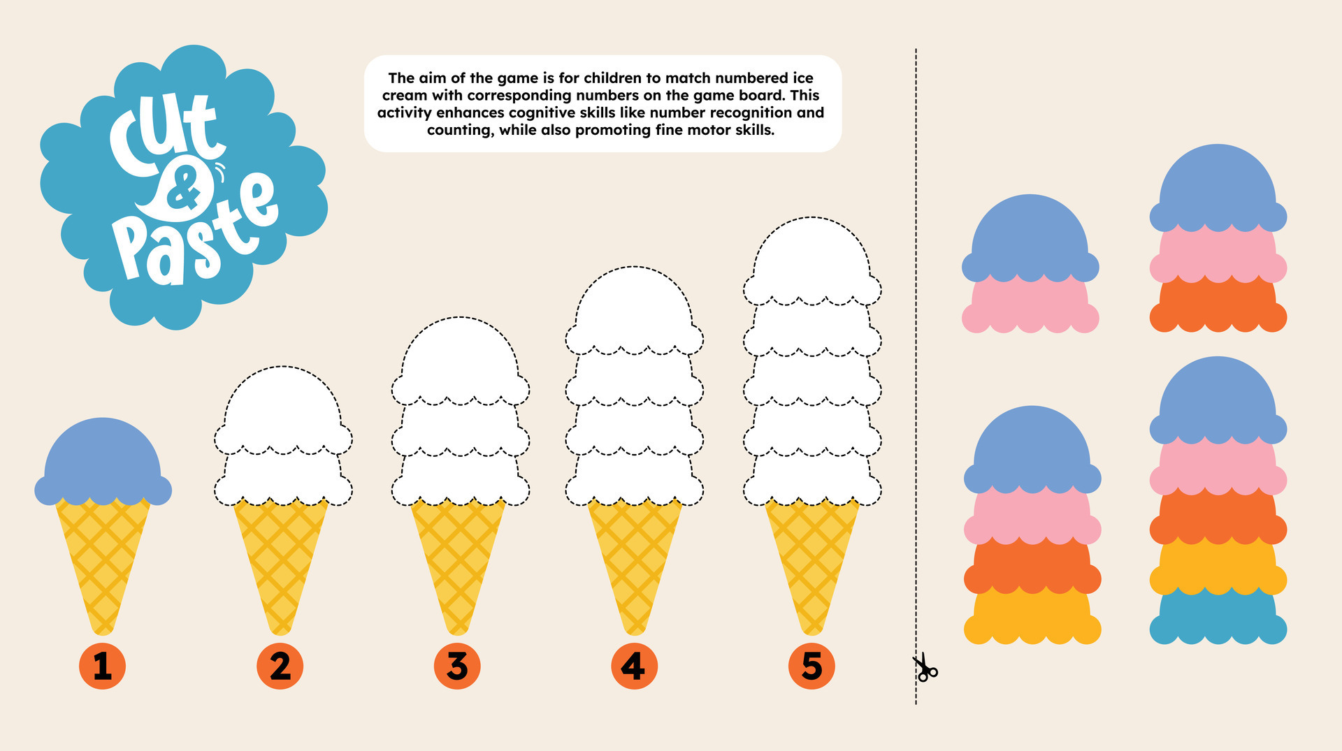 flat design vector counting cut and paste glue ice cream printable for