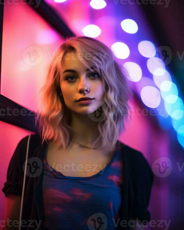 a beautiful blonde woman standing in front of colorful lights generative AI photo
