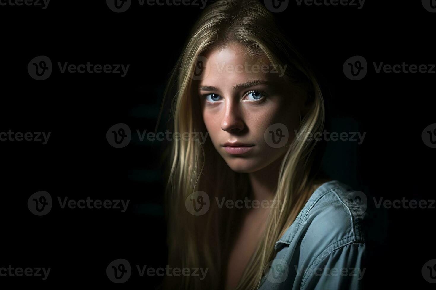 a beautiful blonde woman with blue eyes in the dark generative AI photo