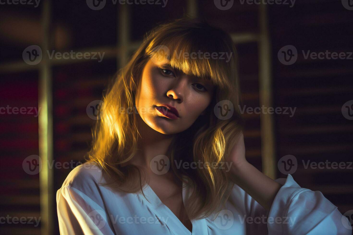 a beautiful blonde woman in a white shirt generative AI photo