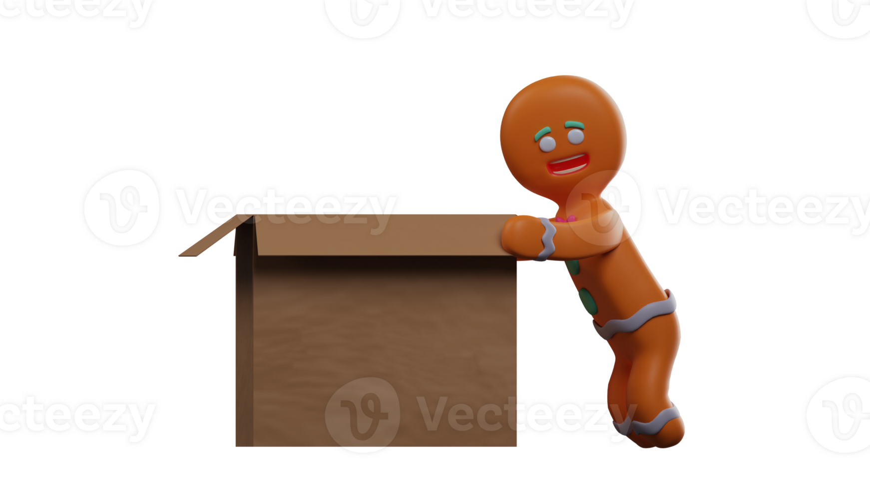 3D illustration. Strong Gingerbread 3D Cartoon Character. Gingerbread pushes the cardboard using both hands. Gingerbread smiles sweetly showing his activities. 3D Cartoon Character png