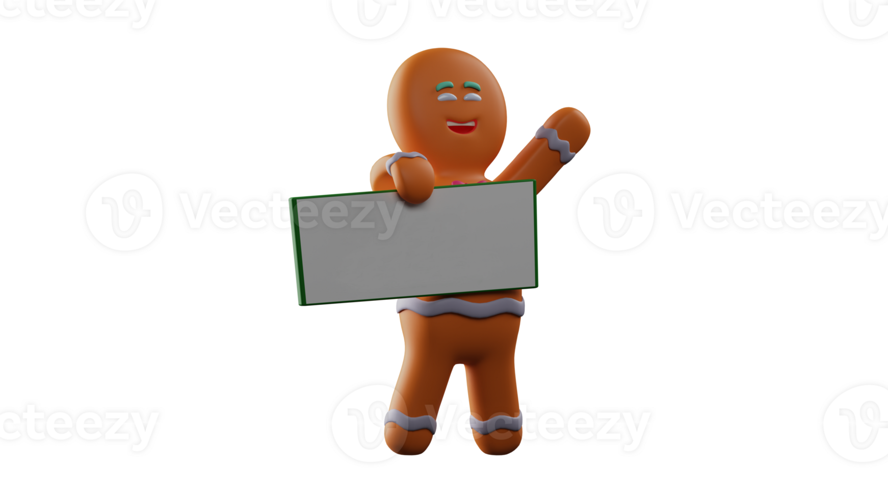 3D illustration. Smart Gingerbread 3D Cartoon Character. Gingerbread stands carrying a white board. Gingerbread raised one hand. Gingerbread smiles happily. 3D Cartoon Character png