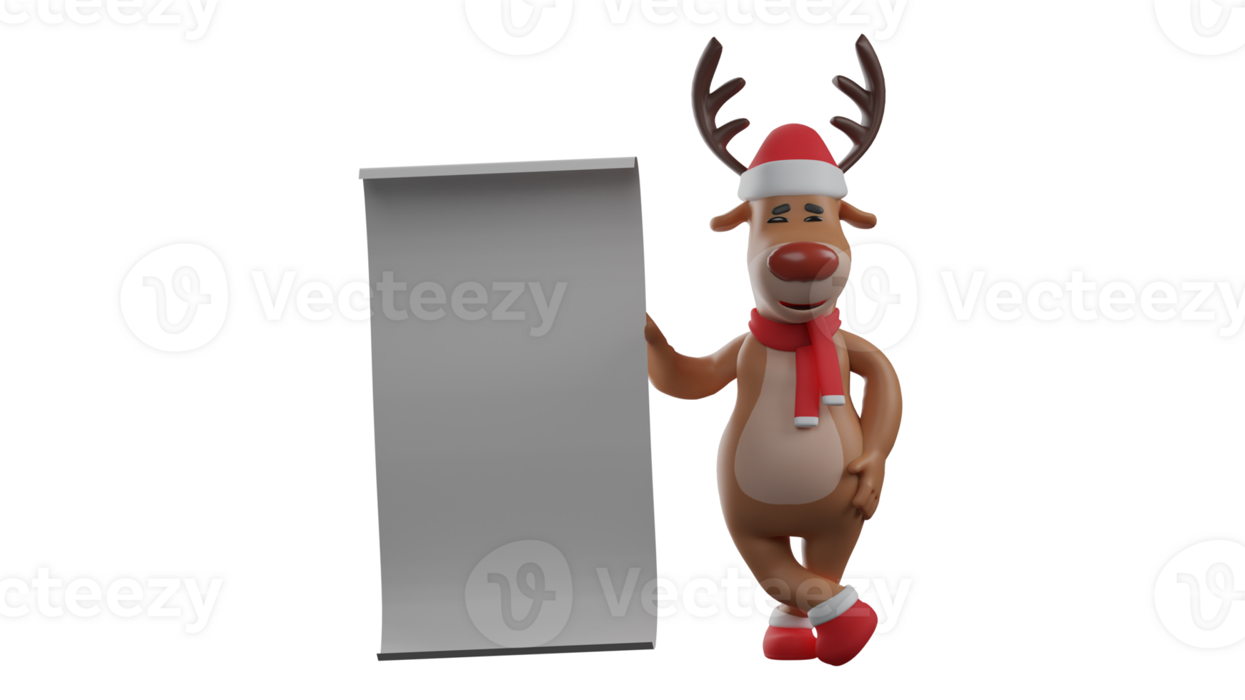 3D illustration. Great deer 3D cartoon character. Deer standing beside a long white paper. The Christmas reindeer shows something to everyone he meets. The deer smiled sweetly. 3D cartoon character png