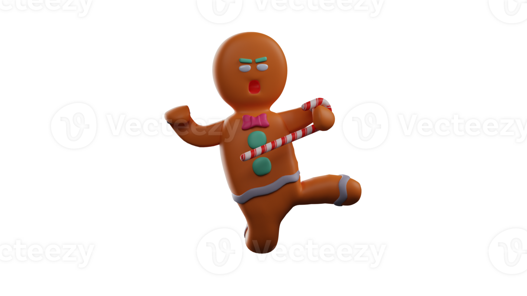 3D illustration. Brave Gingerbread 3D Cartoon Character. Gingerbread in the pose of kicking something and showed an angry expression. Gingerbread carries a stick for weapons. 3D Cartoon Character png