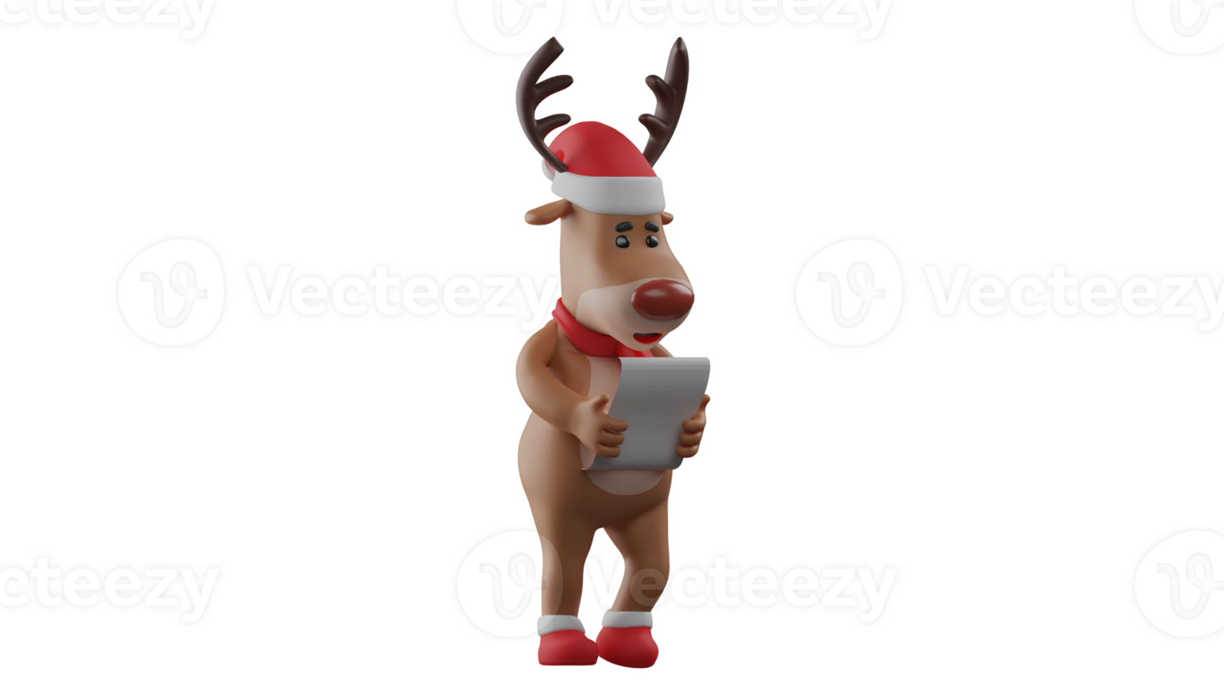 3D illustration. Christmas reindeer 3D cartoon character. Deer standing carrying paper. The deer watched the paper he was carrying carefully. The deer showed a sad expression. 3D cartoon character png