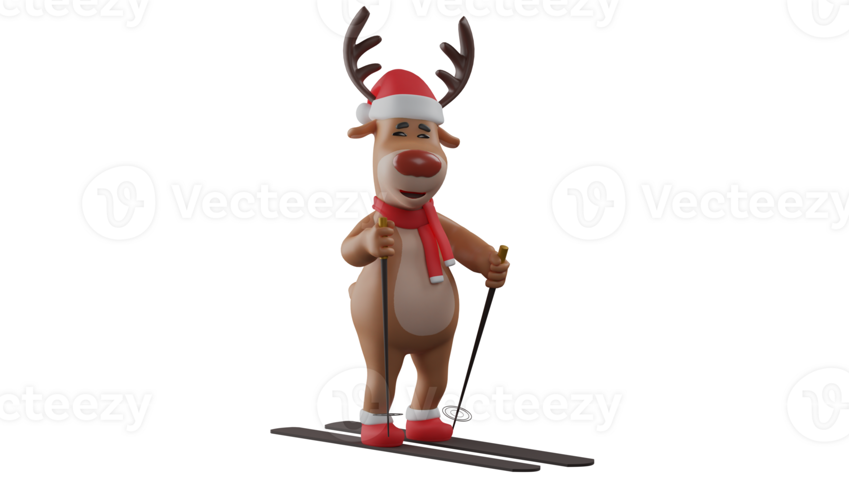 3D illustration. Cute Deer 3D cartoon character. Happy deeris playing surf. Deer enjoy Christmas celebration by playing his hobby. The deer shows a happy smile. 3D cartoon character png