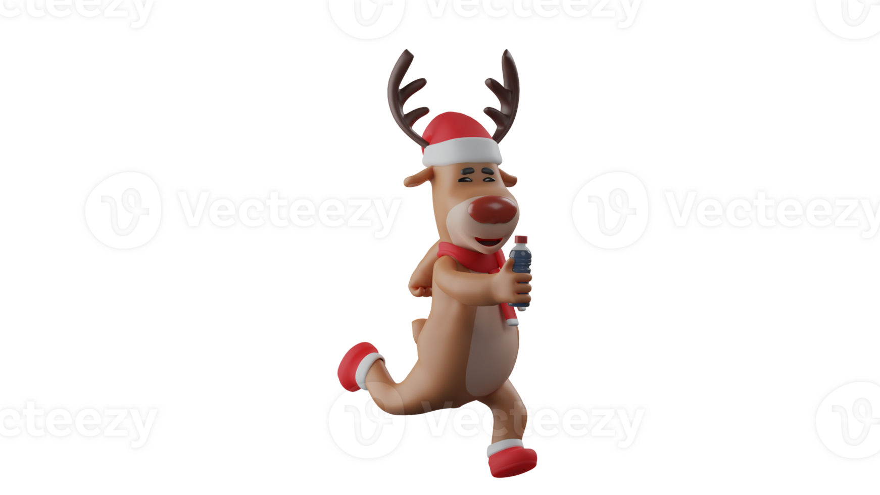 3D illustration. Excited Deer 3D cartoon character. Deer with running pose carrying a bottle of drink. The deer looks in a hurry to go oak somewhere. 3D cartoon character png