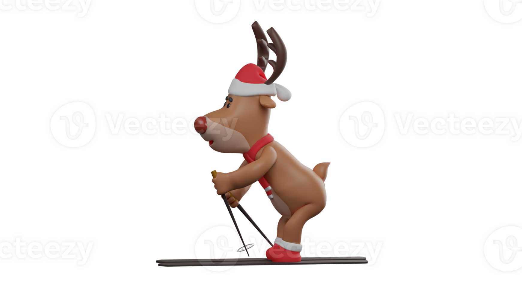 3D illustration. Adorable Deer 3D cartoon character. The little deer is playing surfing. Christmas deer in sideways pose and playing surf. Deer is very passionate about his hobby. 3D cartoon character png