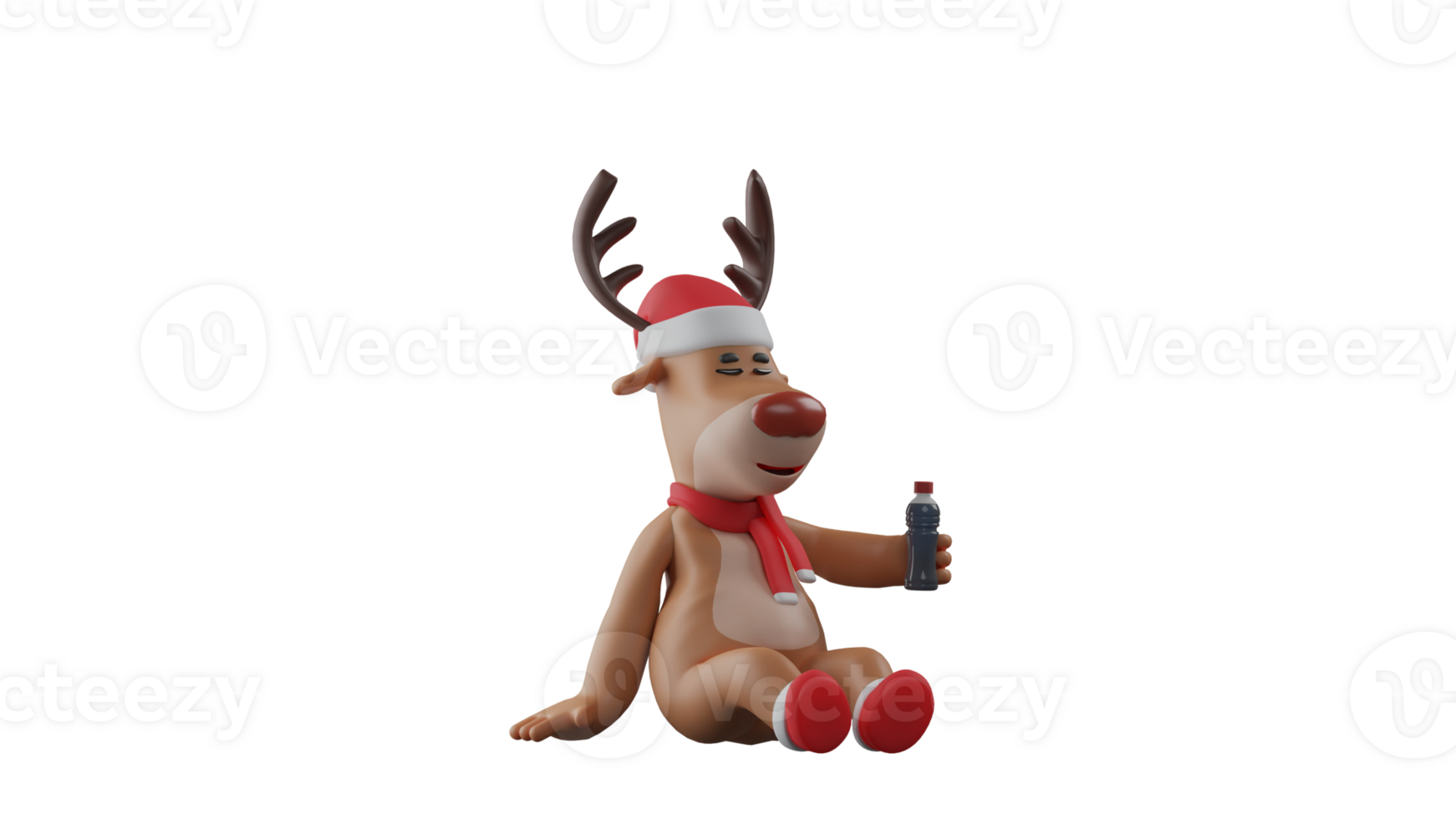 3D illustration. Deer 3D cartoon character. Christmas deer in sitting pose. Deer sat stretched out its legs while carrying a bottle of drink. Deer is resting after a long journey. 3D cartoon character png