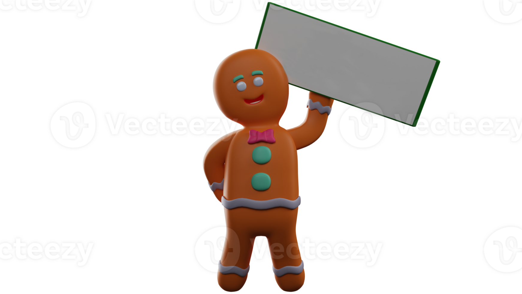 3D illustration. Adorable Gingerbread 3D Cartoon Character. Gingerbread stands holding up a white board with one hand. Gingerbread smiles happily. 3D Cartoon Character png