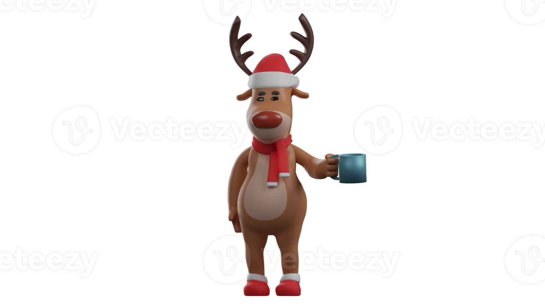 3D illustration. Tired Deer 3D cartoon character. Deer standing carrying a glass of warm drink. Deer just got home from his activities today. Deer showed its tired expression. 3D cartoon character png