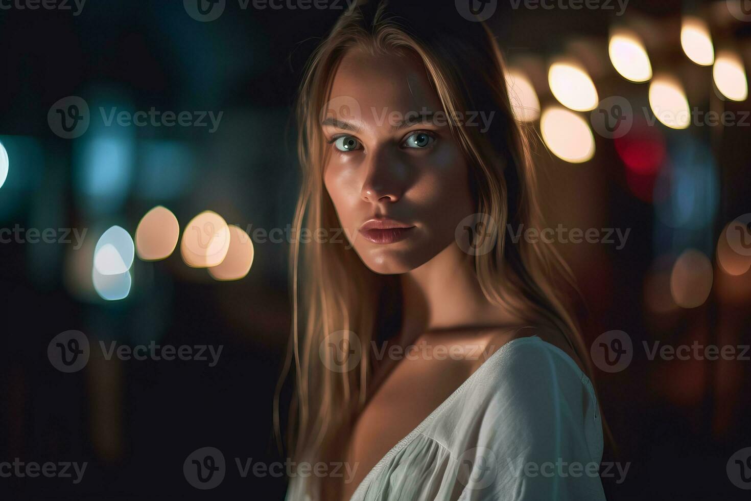 a beautiful woman in a white top standing in front of lights generative AI photo