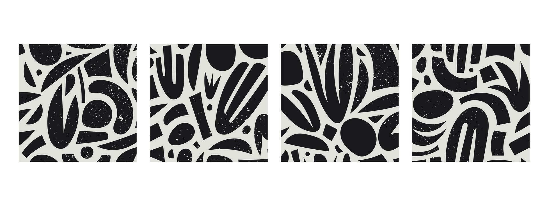 Vector abstract shape cards, black and whit patterns, collage style floral backgrounds with organic wavy, cutout forms. Contemporary art set