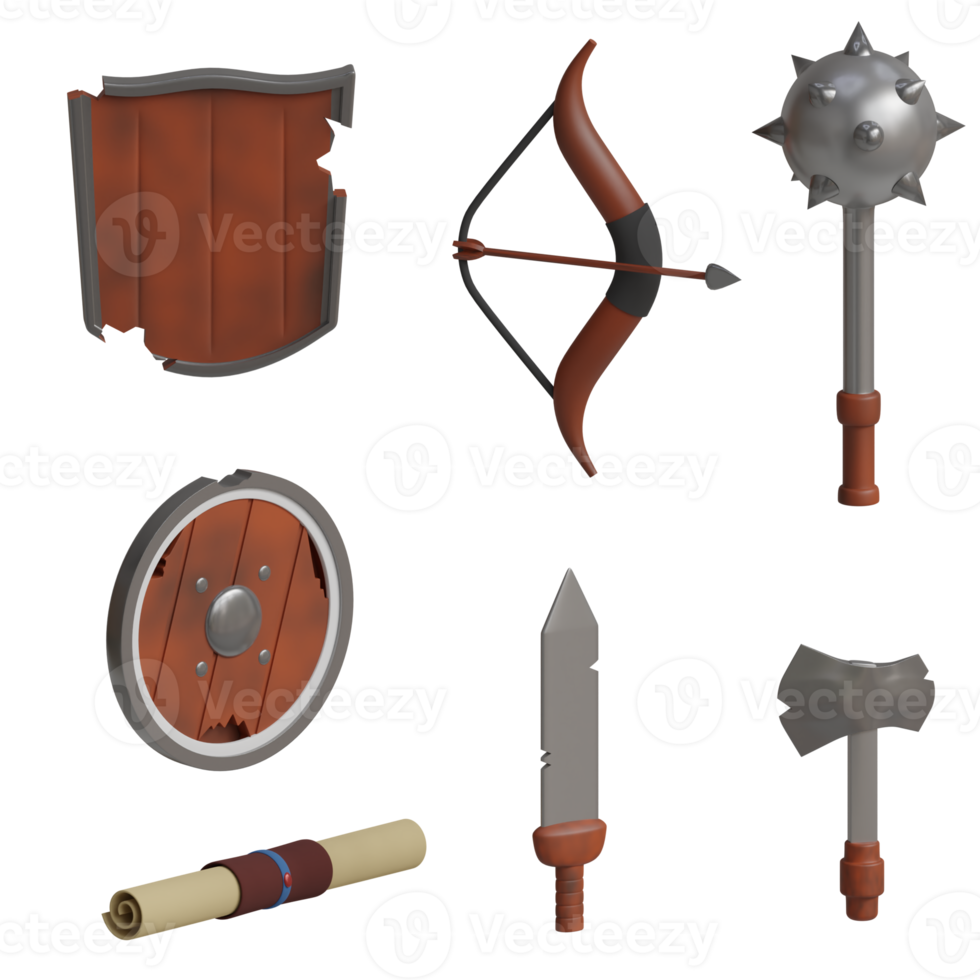 3d rendered medieval game set includes arrow, shield, sword, axe, treasure maps perfect for game design project png