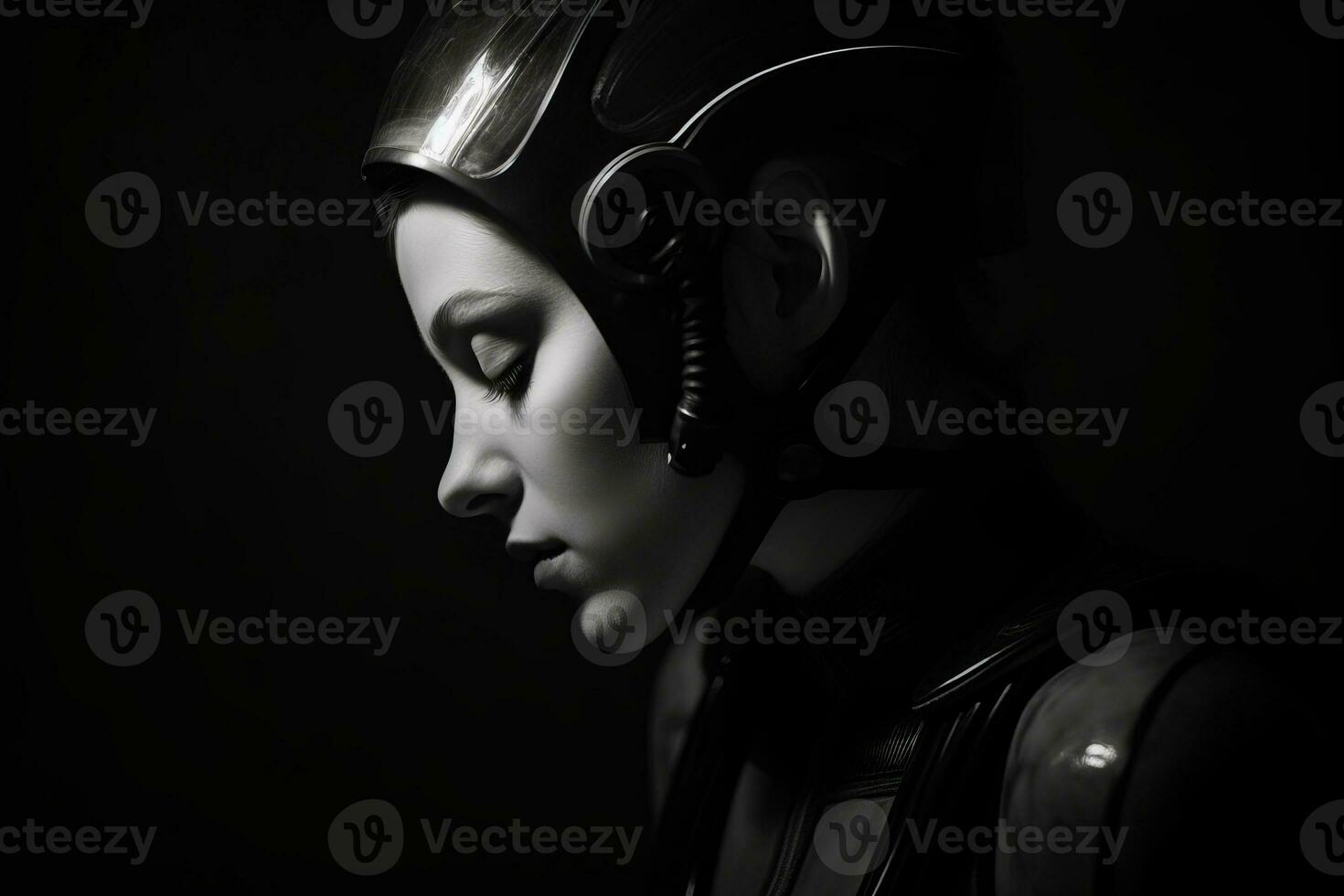 a black and white photo of a woman wearing a helmet generative AI