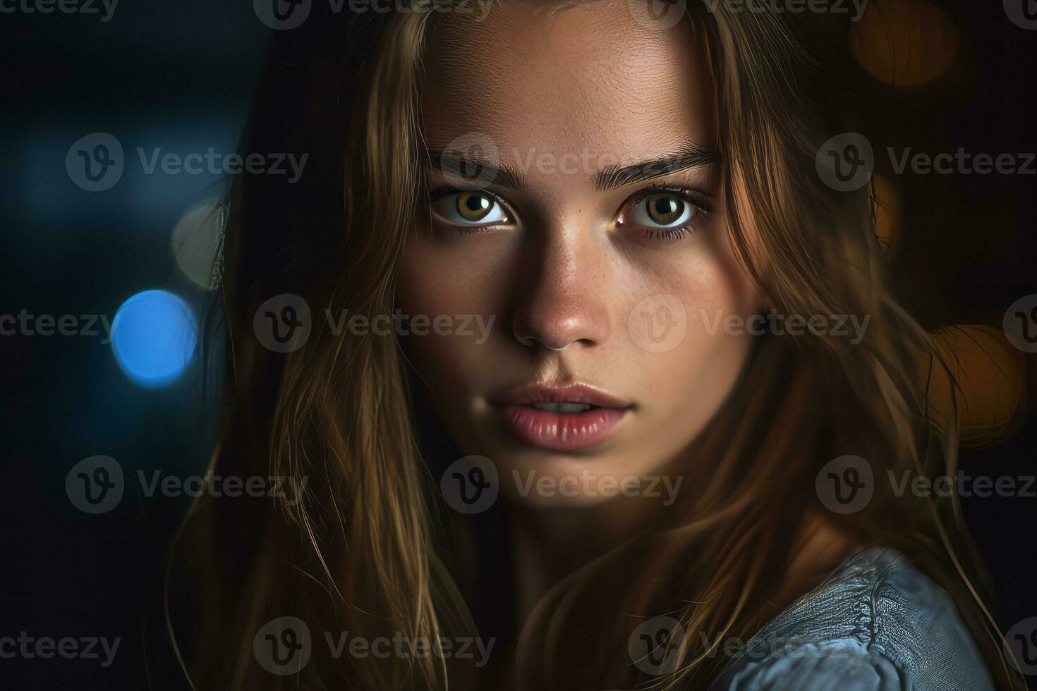 a beautiful young woman with long hair and blue eyes generative AI photo