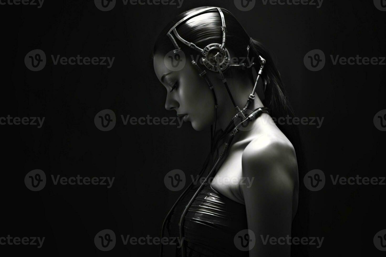 a black and white photo of a woman wearing headphones generative AI