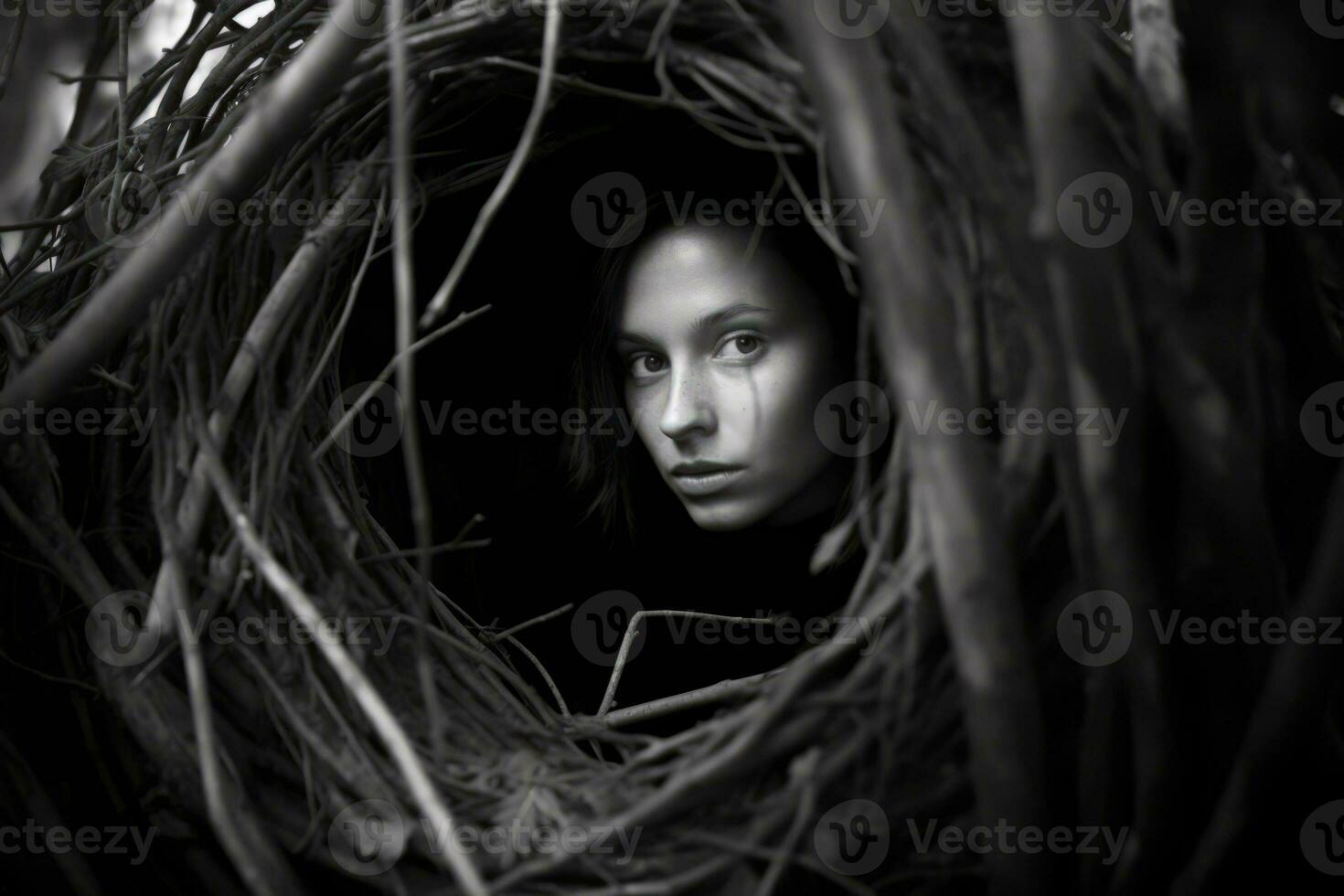 a black and white photo of a woman in a nest generative AI