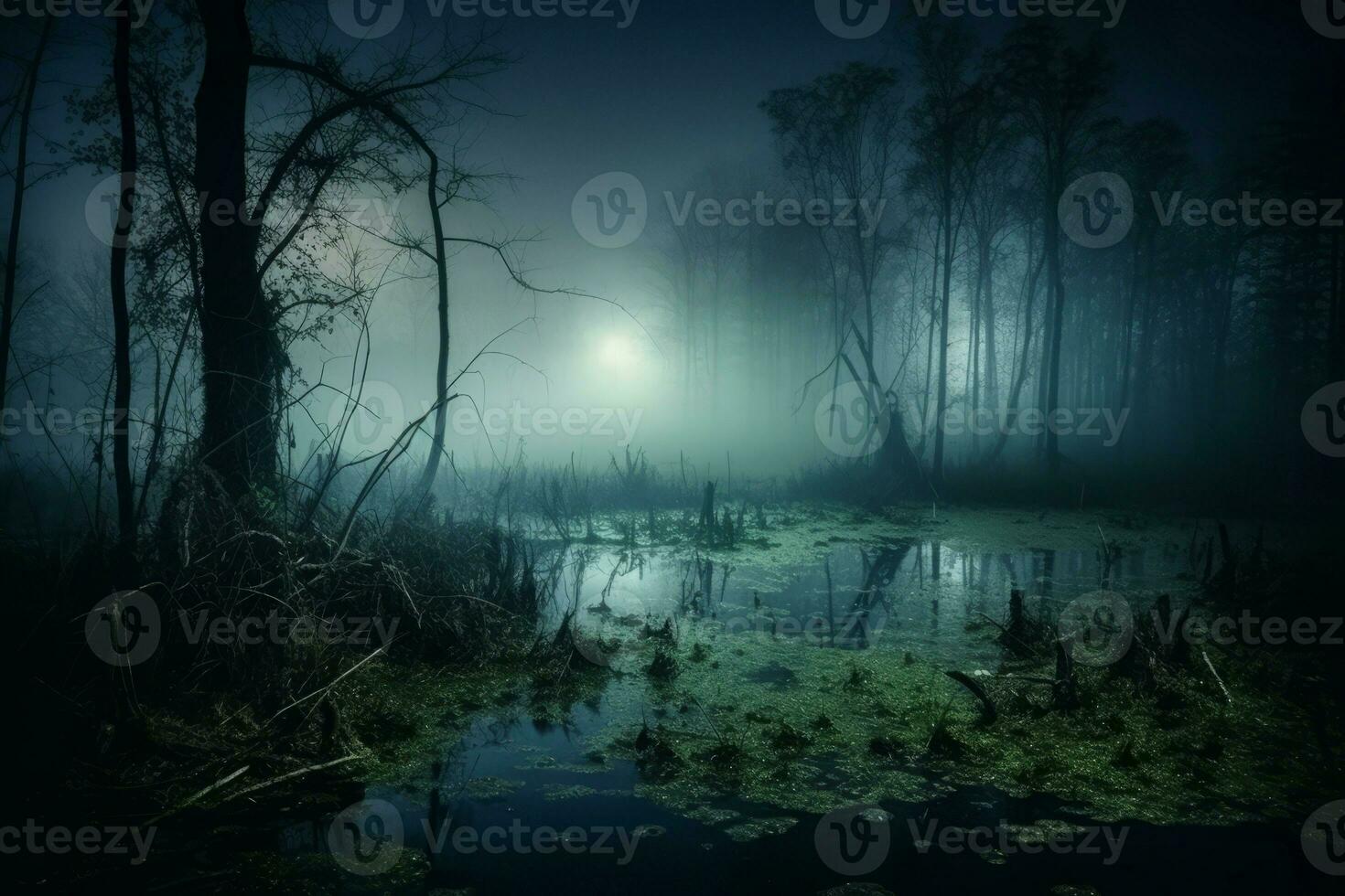 Swamp foggy morning mysterious. Generate Ai photo