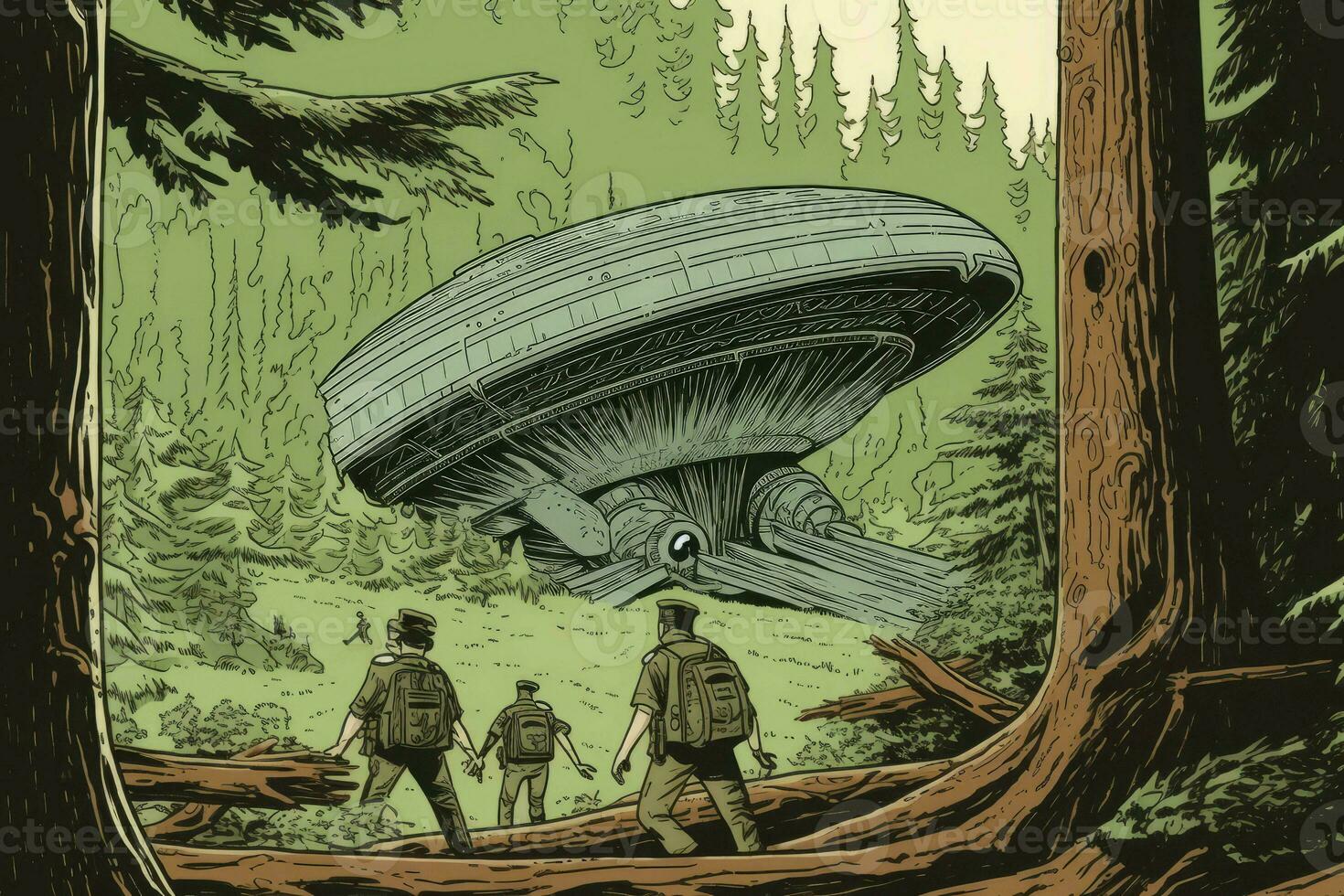Ufo spaceship army forest. Generate Ai photo