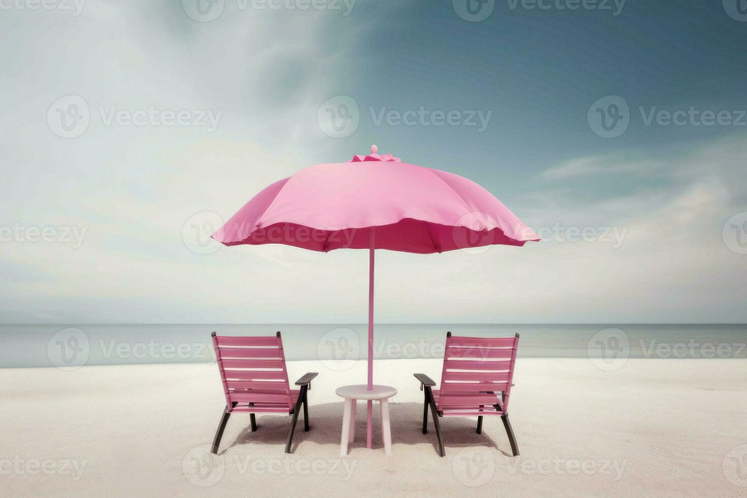 Pink beach surreal umbrella. Generate Ai photo