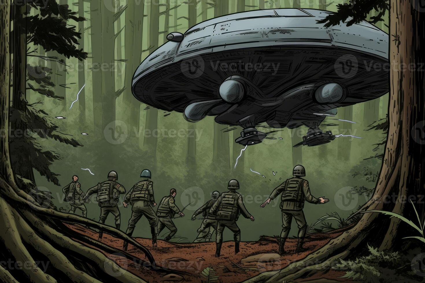 Ufo spaceship military forest. Generate Ai photo