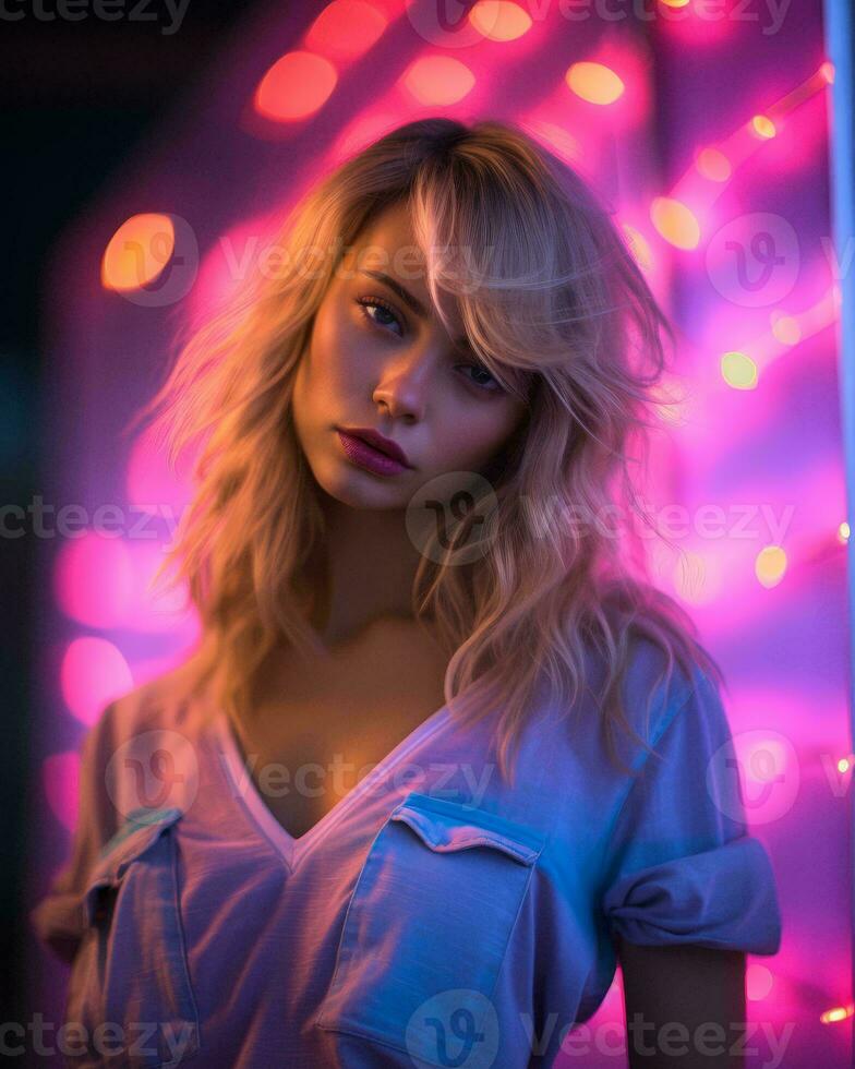 a blonde woman in front of neon lights generative AI photo