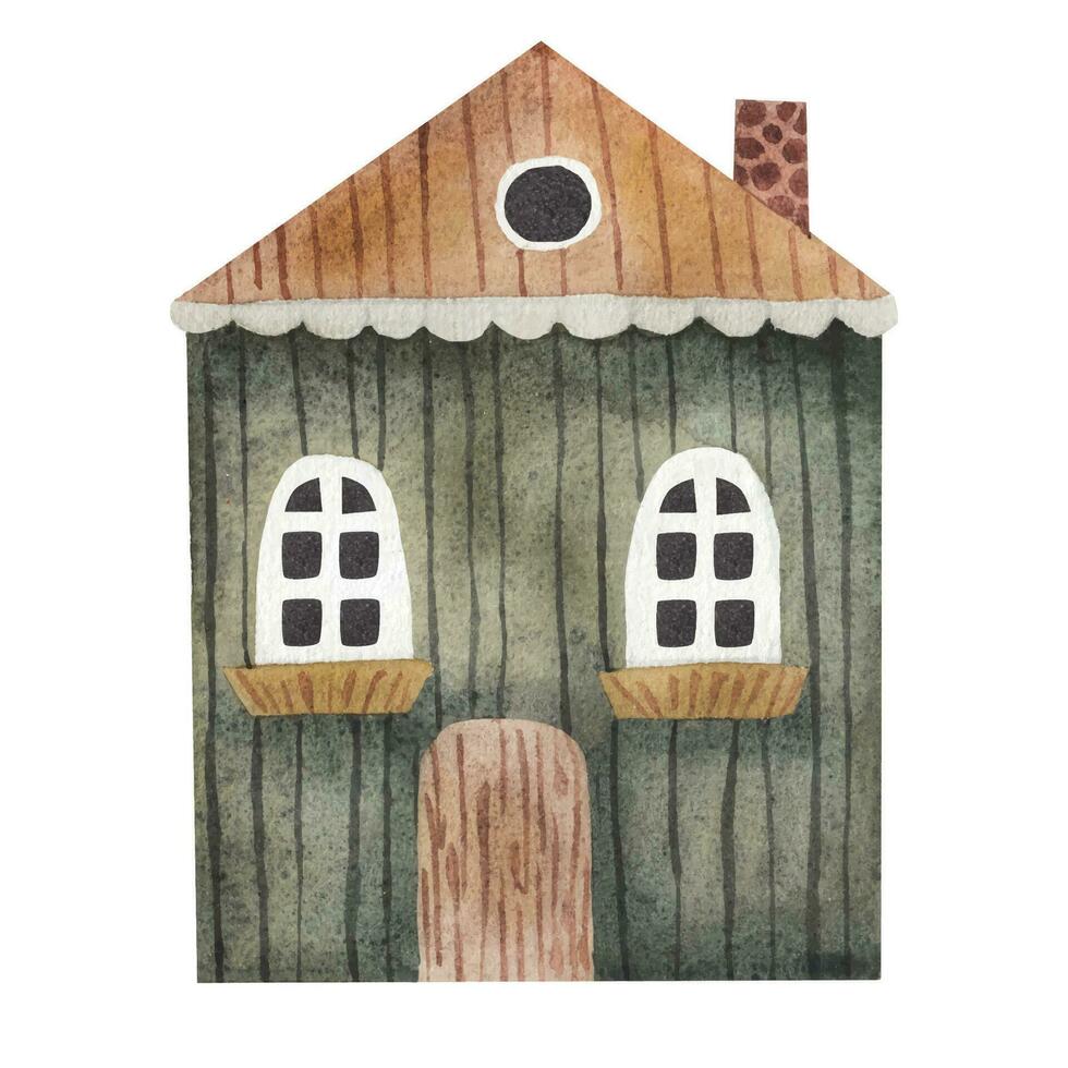 Cute green hand drawn cartoon house. watercolor illustration vector