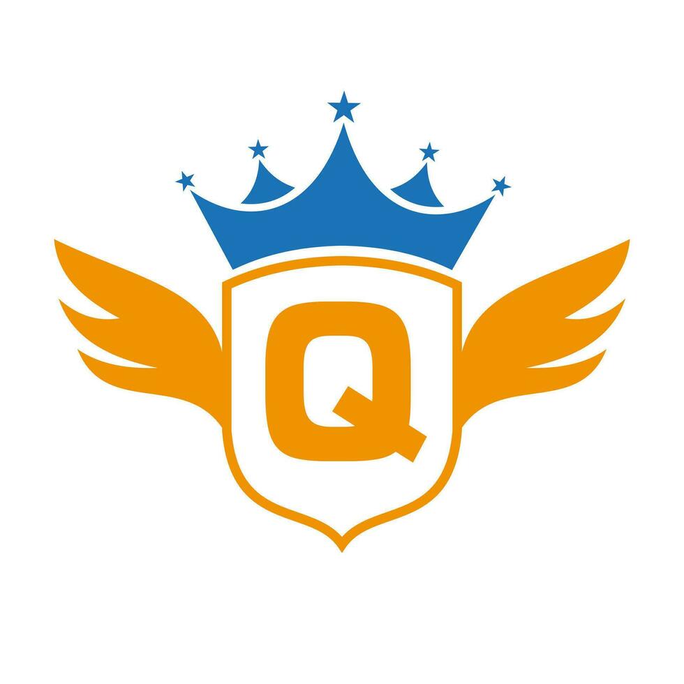 Letter Q Transportation Logo With Wing, Shield And Crown Icon. Wing Logo On Shield Symbol vector