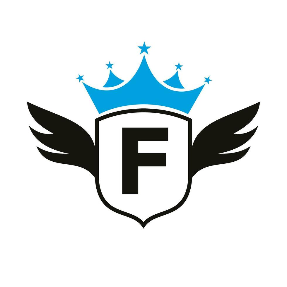 Letter F Transportation Logo With Wing, Shield And Crown Icon. Wing Logo On Shield Symbol vector