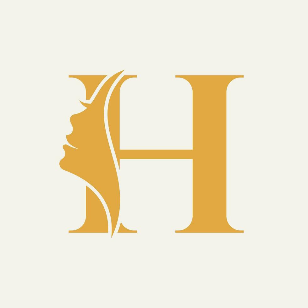 Woman Face Logo On Letter H. Beauty Spa Symbol With Woman Face Icon vector