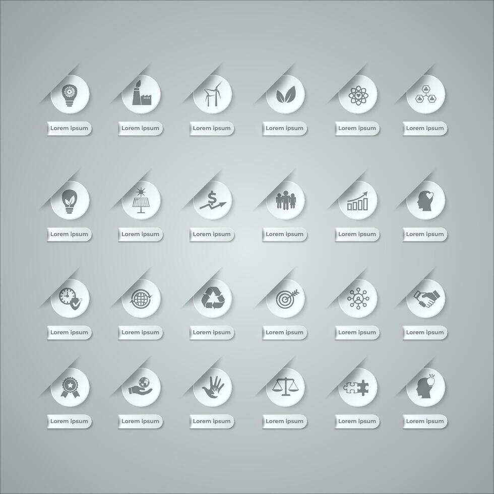 icon set CSR corporate social responsibility, sustainability, goals, market, ethics, resources, sincerity, long term. for company business infographic vector