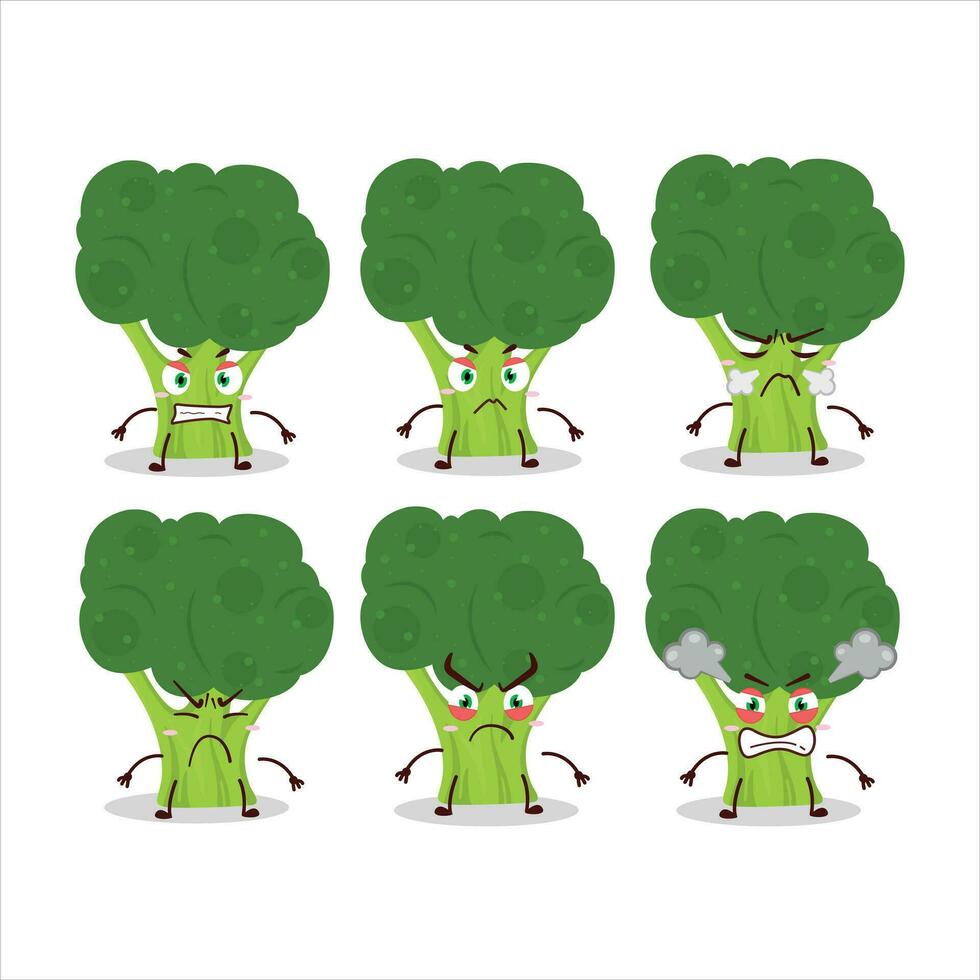 brocoli dibujos animados personaje con varios enojado expresiones vector